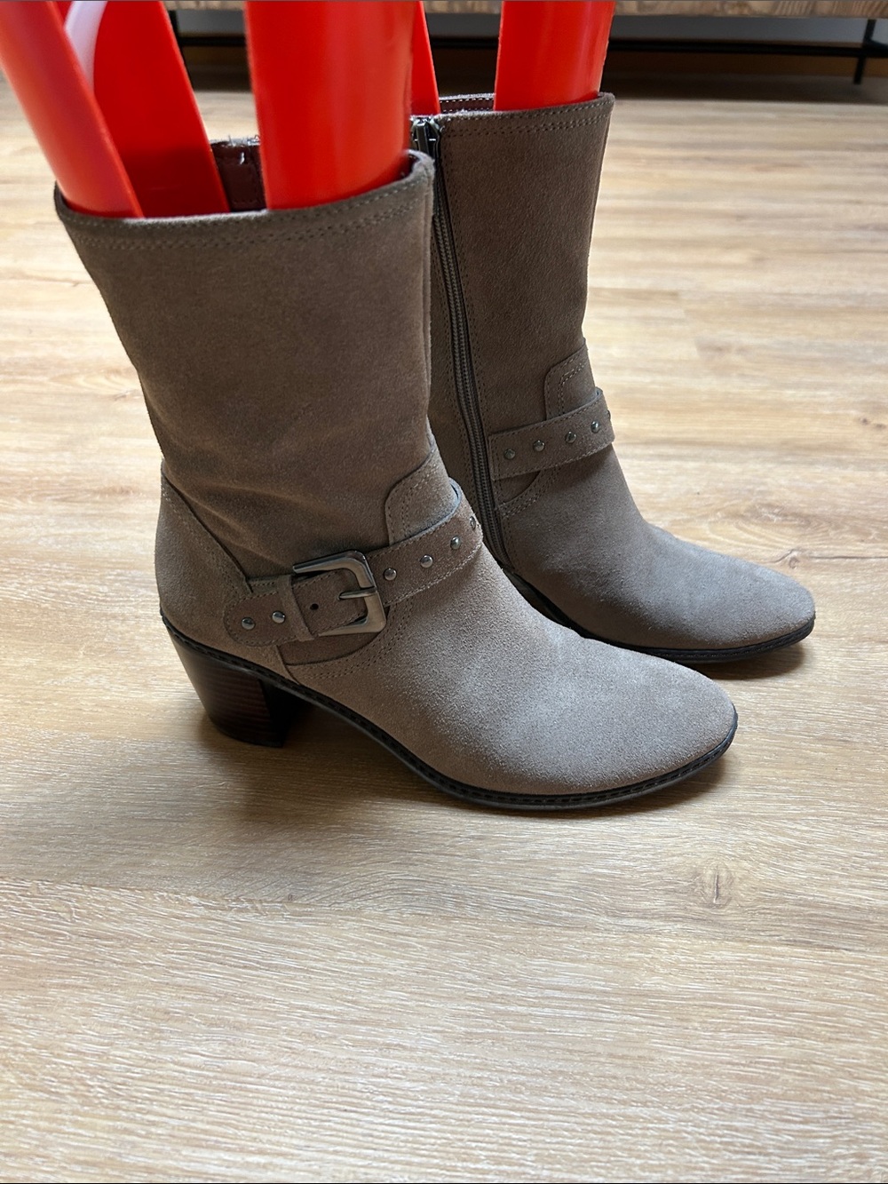 Anne Klein Taupe Suede Mid-Calf Buckle Heel Boots